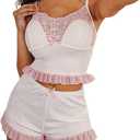 SweatyRocks Women's 2 Piece Pajama Set Ruffle Trim Crop Cami Top and Shorts Cute Lounge Set (White)