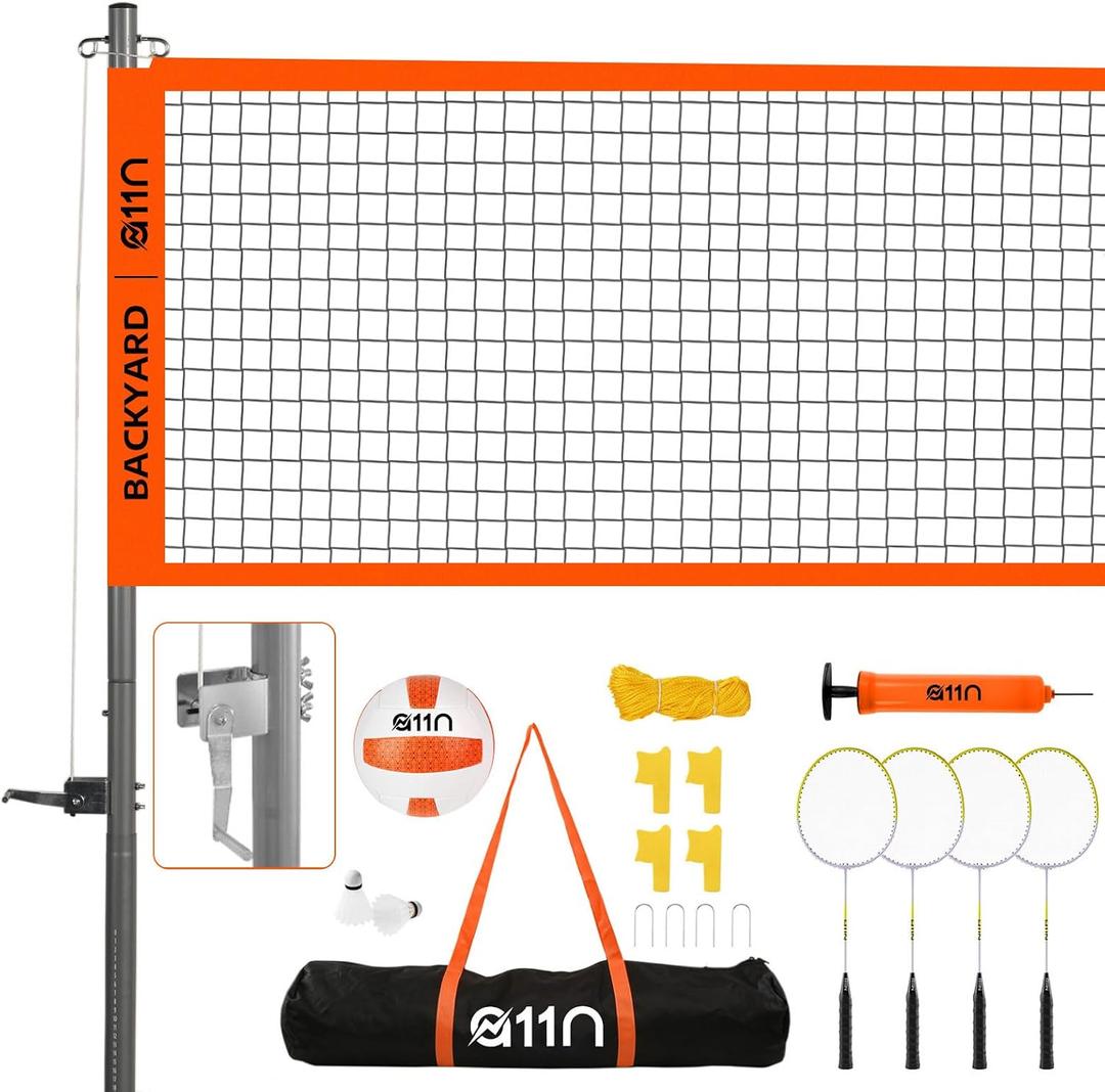 A11N SPORTS Outdoor Volleyball and Badminton Combo Set - Includes Adjustable Height Anti-Sag Net, Volleyball, Air Pump, 4 Badminton Rackets, 2 Shuttlecocks, Boundary Line Marker, and Carrying Bag