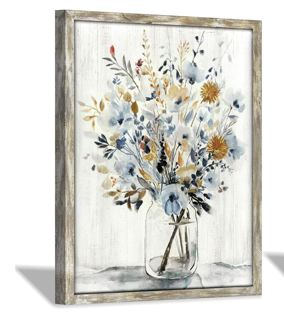 Floral Picture Wall Art Painting: Blossom Bouquet Flowers Prints on Rustic Wood and Handcrafted Wooden Framed Artwork for Home and Bedroom (12” x 16” x 1pcs)