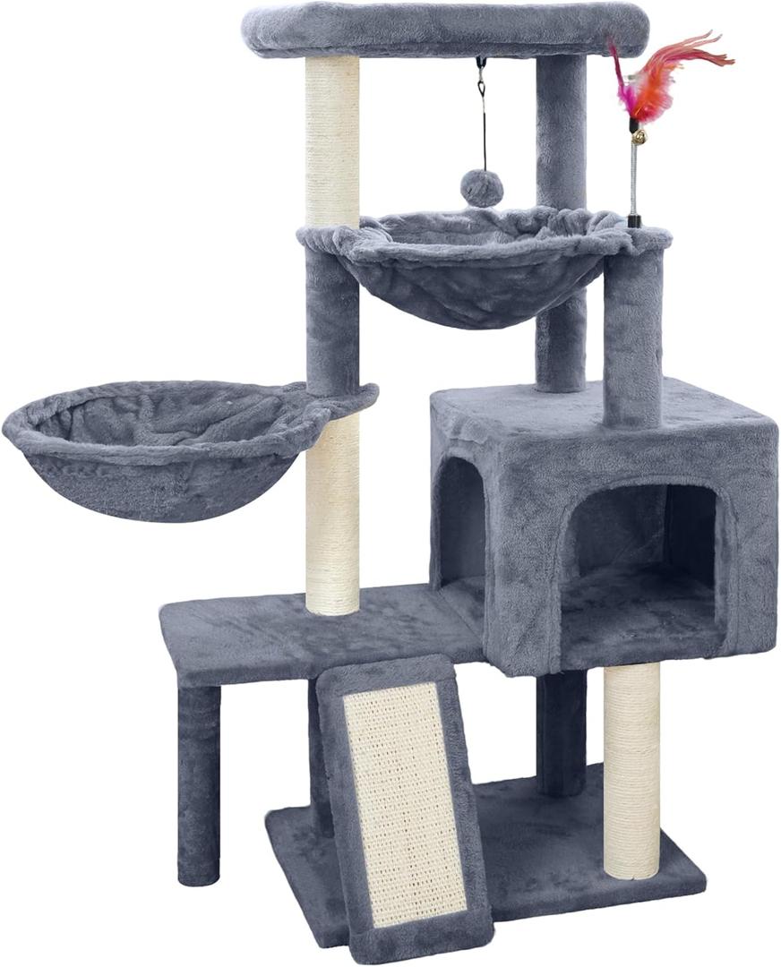 Cat Tree with Cat Condo and Two Hammocks, Cat Tree with Scratching Posts and Scratching Pads, Cat Tower for Indoor Cats, Activity Centre Climbing Tree with Playful Toy Balls, Grey