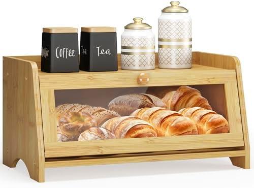 JANSNIMEN Bread Box for Kitchen Countertop, Large Bread Container Storage, Wooden Farmhouse Bread Box with Window Bread Holder (Natural Bamboo)