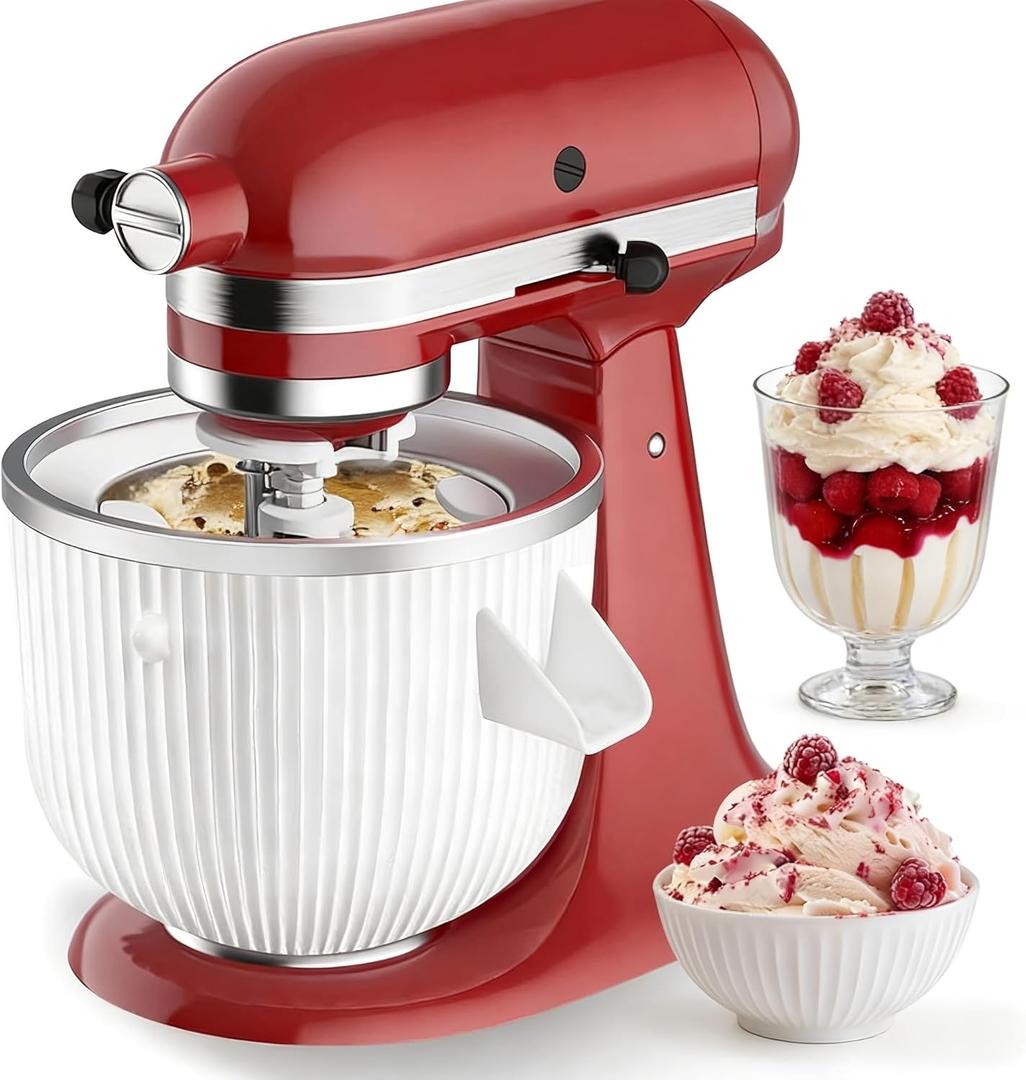 Ice Cream Maker Attachment for KitchenAid, Ice Cream Bowl Fits KitchenAid 4.5/5QT/ 6QT&7QT Mixers, Frozen Ice Cream & Sorbet Gelato Maker, 2 Quart, White