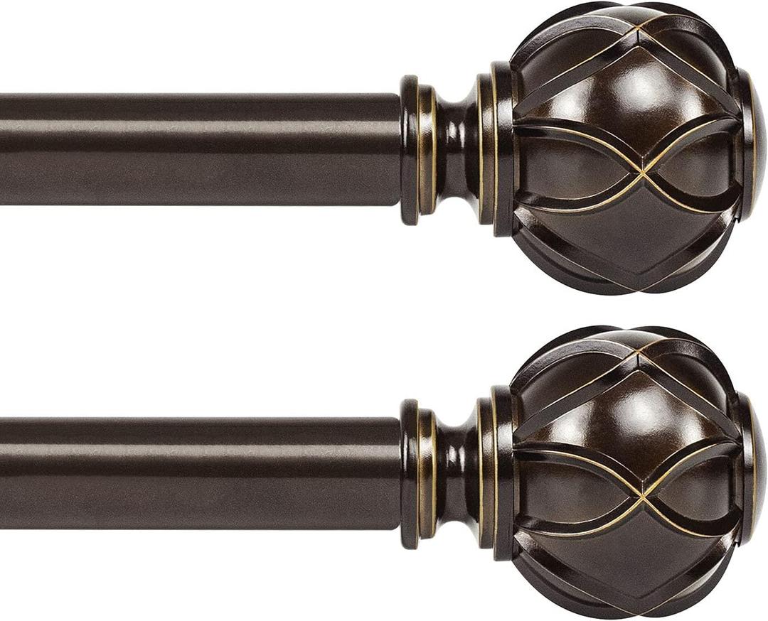 KAMANINA 1 Inch Curtain Rod Telescoping Single Drapery Rod 28 to 48 Inches (2.3-4 Feet), 2 Pack Antique Bronze Curtain Rods for Windows 16 to 44 Inches, Netted Texture Finials