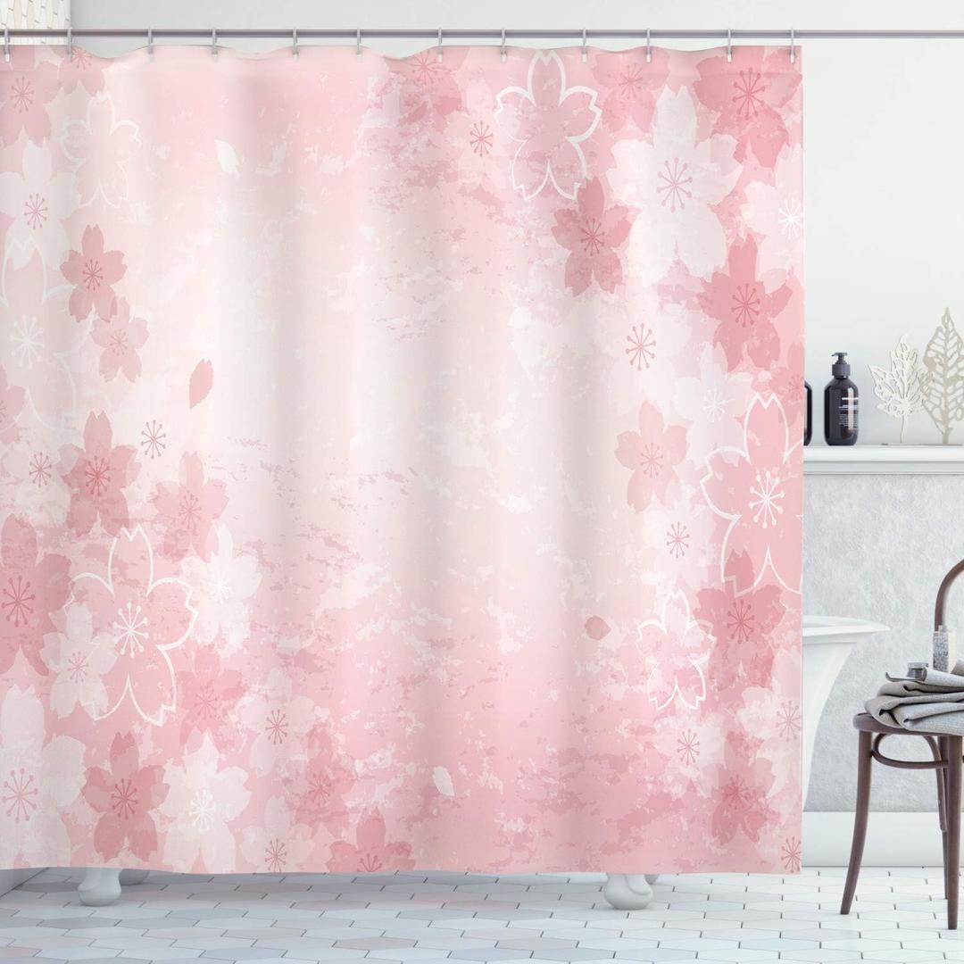 Ambesonne Nature Shower Curtain, Cherry Blossoms Pattern in Shabby Form Style Flourish Themed Fashionable Artwork Print, Cloth Fabric Bathroom Decor Set with Hooks, 69" W x 75" L, Pink