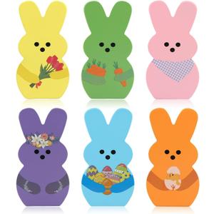 6 PCS Wooden Bunny Sign Decor - Easter & Spring Farmhouse Home Decor for Mantel, Shelf, Table, Centerpiece & Tiered Tray