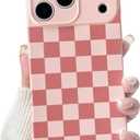 NITITOP Compatible for iPhone 17 Pro Case Cute Aesthetic Checkerboard Checkered Pattern for Women Girl Trendy Slim Fit TPU Silicone Shockproof Full Camera Protection Cover - Pink