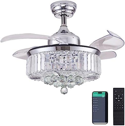 DuMaiWay 48" Dimmable Fandelier Crystal Ceiling Fan with Lights and Remote Modern Invisible Retractable Blades Chandelier Ceiling Fan Light Kit for Bedroom Living Room -Polished Chrome