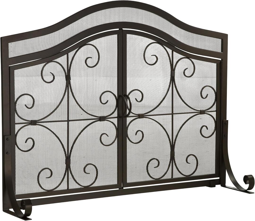 Plow & Hearth Metal Fireplace Screen Crest Black | 44" W x 33" H | Dual Magnetic Hinged Doors | Spark Guard Cover | Stand Alone Wrought Iron Panel Fire Place Cover