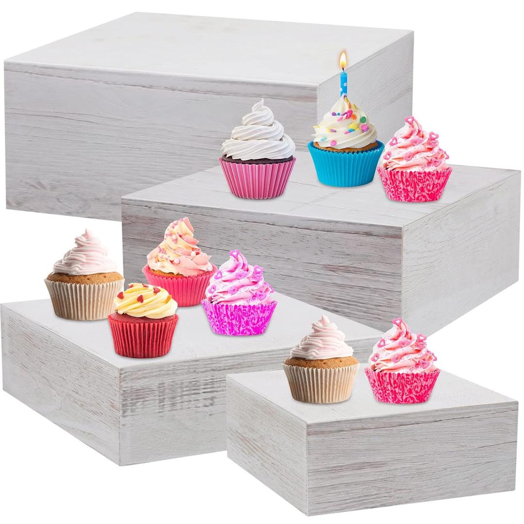 Roowest Set of 4 Large Wood Display Risers Size 11.8",10",7.8",6.3",Rustic Cupcake Stand Wood Cake Stands Wooden Display Risers for Table Dessert Wedding(Vintage White)