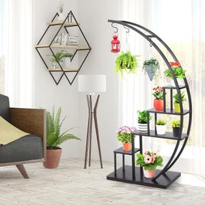 5 Tier Metal Plant Stand Indoor, Tall Half Moon Plant Stands, Heart Shape Flower Pot Shelves for Planter Display with 3 S Hooks, Best for Home Garden Balcony Patio (Half Moon-1PC)
