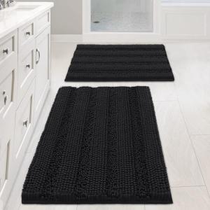 Non Slip Thick Shaggy Chenille Bathroom Rug Mat Set Extra Soft and Absorbent Striped Floor Rugs, 2 Piece, Machine-Washable 20" x 32" Plus 17" x 24"