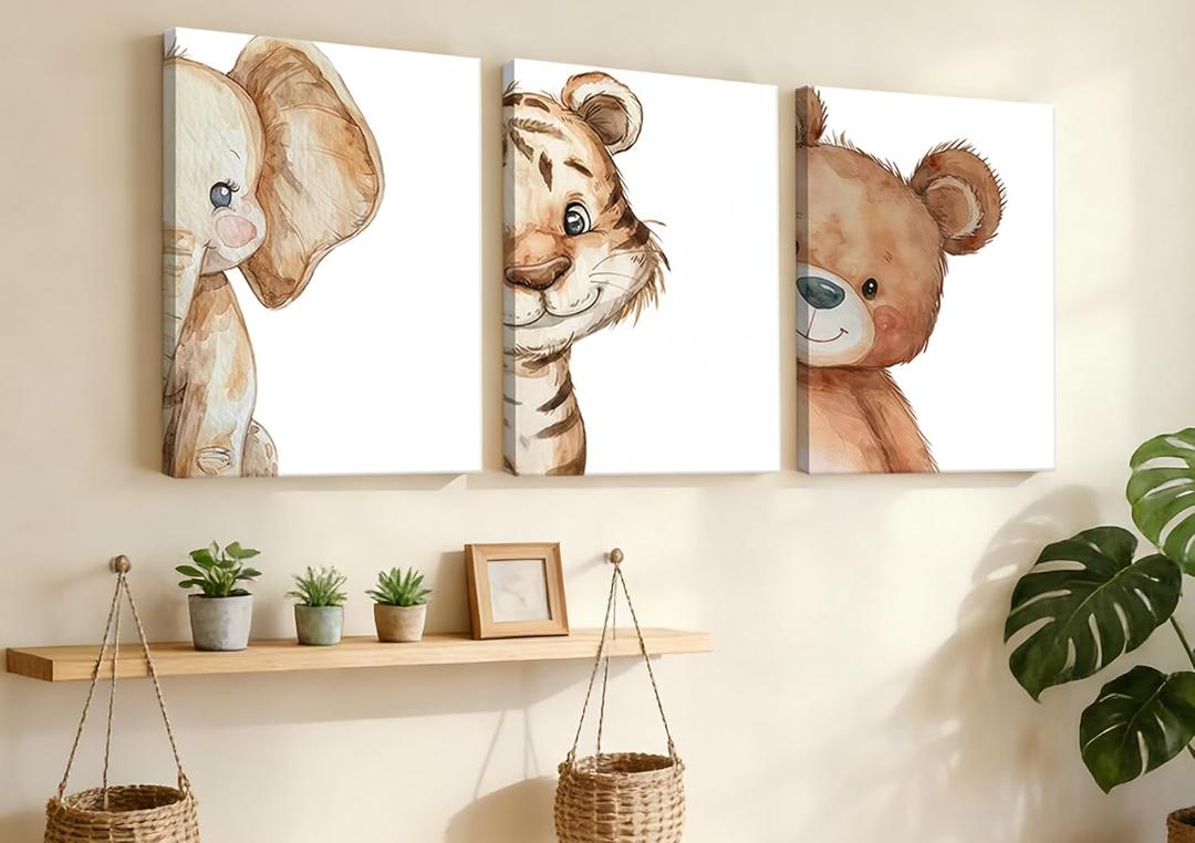 Devunaty 3pcs Funny Safari Animals Nursery Canvas Wall Art Baby Animals Poster Print Wall Decor Cute Bear Tiger Elephant Paintings Picture for Kids Baby Room Boys Girls Bedroom Decor 12X16in Framed