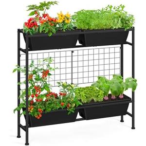 OYEAL Raised Garden Bed 32" Tall Elevated Planter Boxes with Trellis & Legs, Vertical Herb Garden Planter Outdoor for Gardening, Vegetables, Flowers, Herbs, Backyard, Black