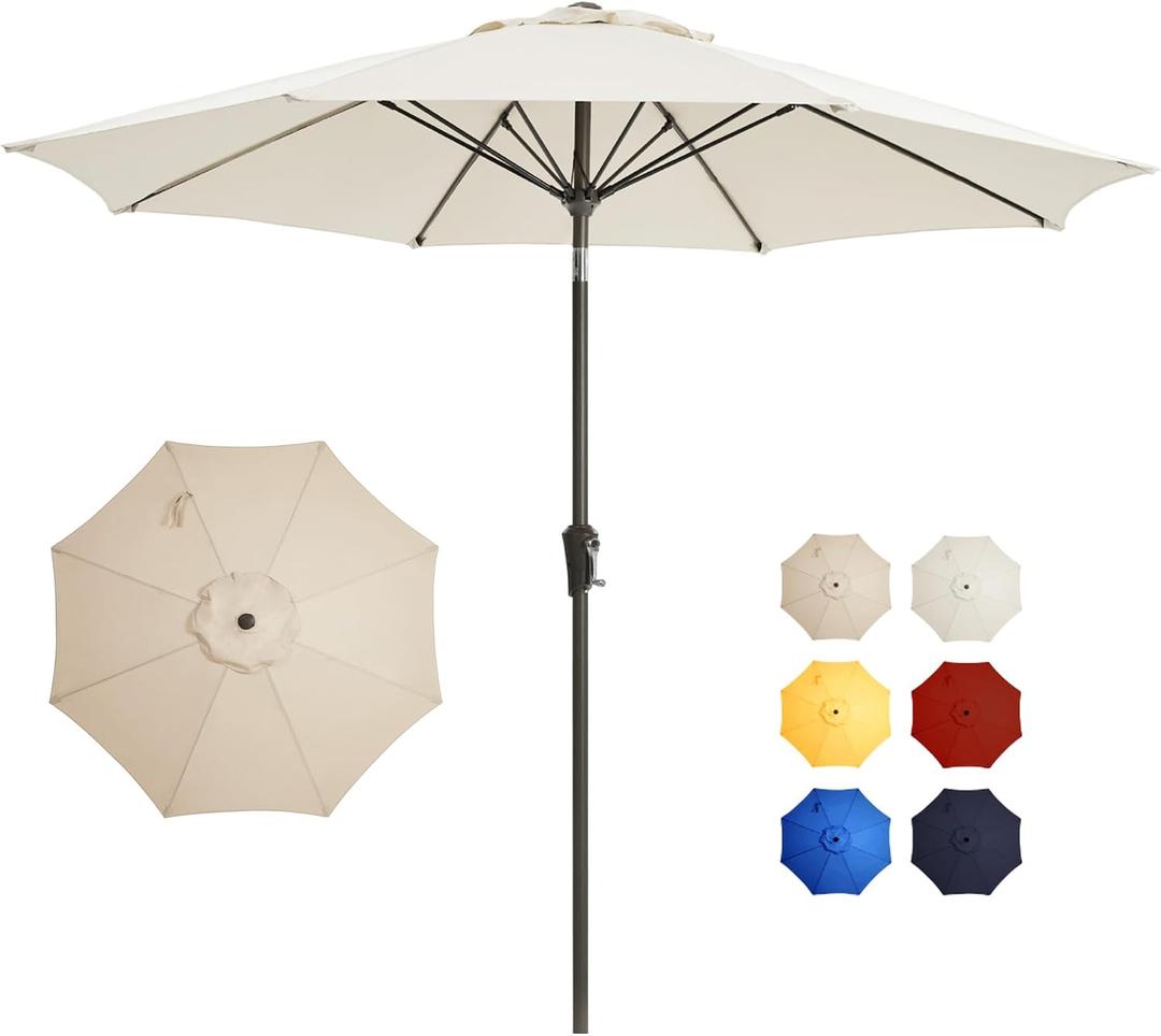 9FT Large Outdoor Patio Umbrella Pool Market Umbrella-UV Resistant, Easy Push Button Tilt and Crank, 8 Sturdy Ribs Heavy-Duty Table Umbrella for Deck, Backyard, Garden (White)