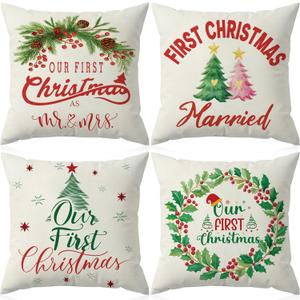 Newwiee 4 Pcs Christmas Pillow Cases 18 x 18 in, 1st Xmas As Mr and Mrs Decoration, Our First Christmas Married Newlywed Gifts for Couples 2026, Romantic Anniversary Engagement for Bride Shower Gifts