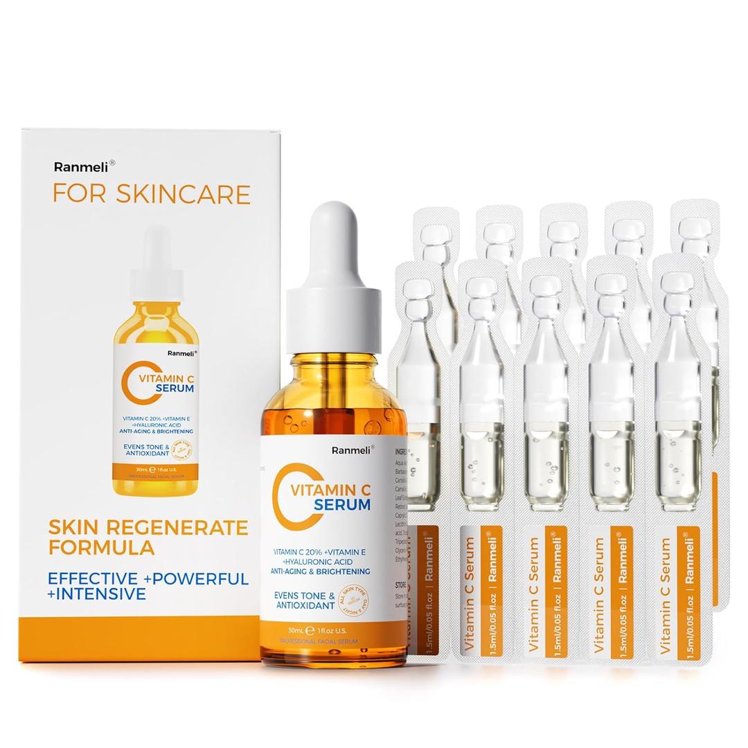 Vitamin C Serum for Face, 20% Natural Vitamin C Facial Serum with Sodium Hyaluronate,Vitamin E,Anti Aging & Wrinkle Skin Face Serum for Dark Spots,All Type Skin Care 1 fl.oz+ 0.05 fl.oz x 10e