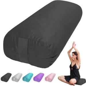 Yoga Bolster Pillow for Restorative & Yin Yoga - Meditation Pillow with Velvet Cover - Rectangular (27in /68cm, Black)