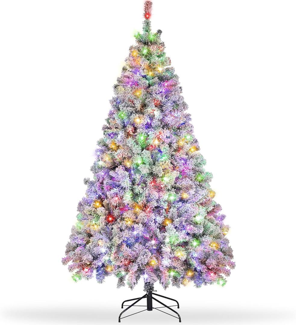 6ft Prelit Snow Flocked Christmas Tree, Artificial Christmas Trees with 250 Multicolored & Warm White Lights, Xmas Pine Tree for Holiday Home, Office, Party Indoor Outdoor Decoration