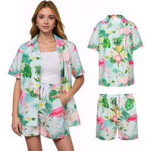 Women's Hawaiian Shirt Shorts Floral Tropic Button Down Shirts Short Sleeve Outfits for Vacation Beach Summer Lounge Suit (Color 1, X-Large)