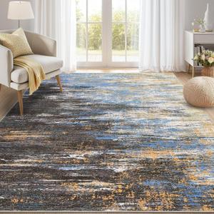 ROYHOME Washable Rug 9x12 Area Rug for Living Room, Non Slip Abstract Rug for Bedroom, Ultra Soft Area Rug, Low Pile Soft Contemporary Indoor Floor Carpet Cover, Blue/Brwon