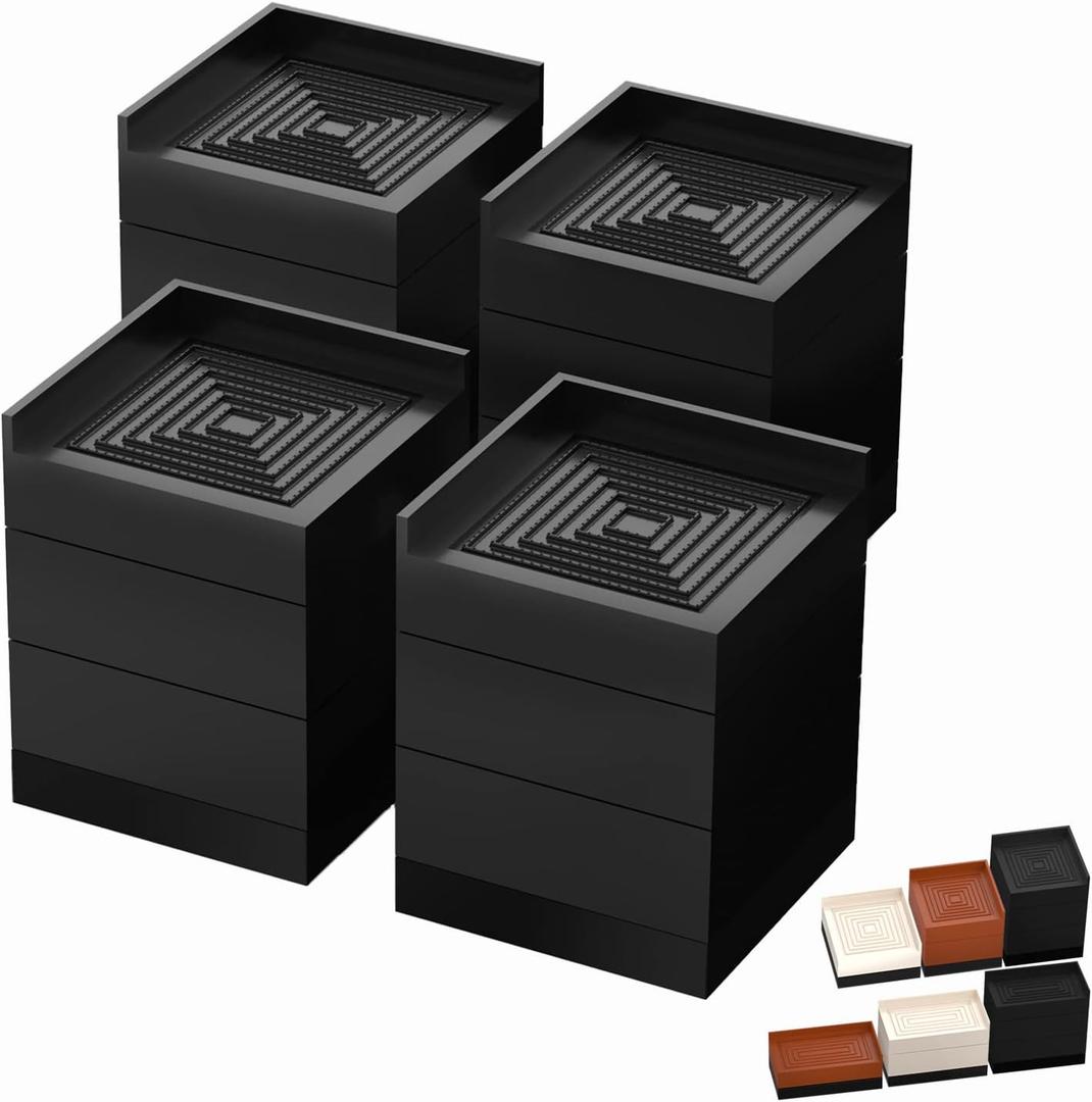 Furniture Risers, Tclouda Bed/Sofa/Desk/Table/Chair Leg/Fridge Lifts to 1.5, 3 and 4 in, Rectangle Adjustable Risers Blocks for Extenders, Heavy Duty Supports Up to 1300 Lbs, 4 in-Black-Square