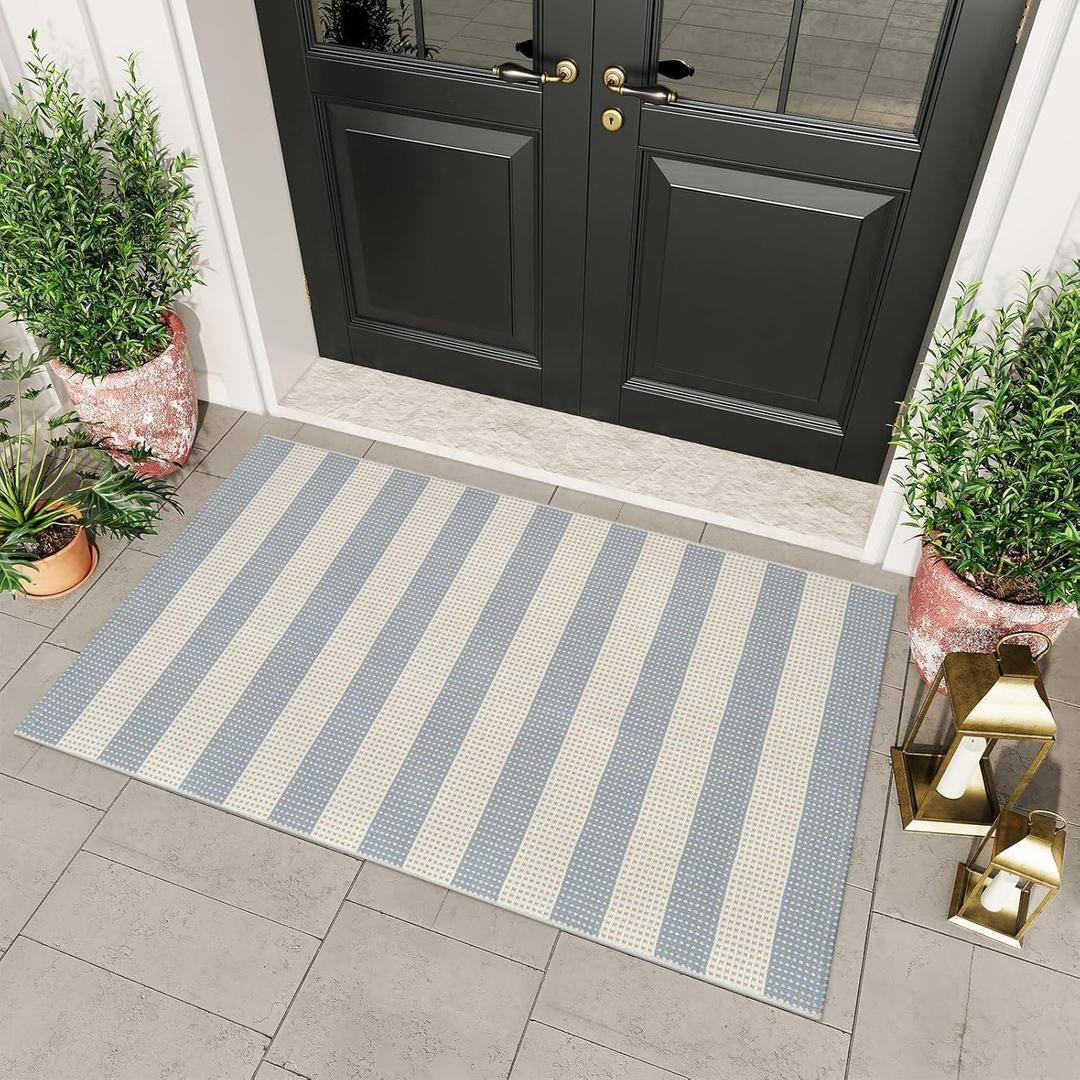 OJIA Washable Outdoor Rug 3'x5', Blue/White/Tan Outdoor Area Rug Entryway Rugs Indoor Door Mat Front Porch Rug Cotton Small Checkered Rug Floor Carpet for Entry/Patio/Bedroom/Living Room