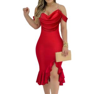 CHICME Womens Sexy Bodycon Party Dress Off The Shoulder Pearls Strap Midi Dress Ruffle Hem Cocktail Dresses (Medium, Red)