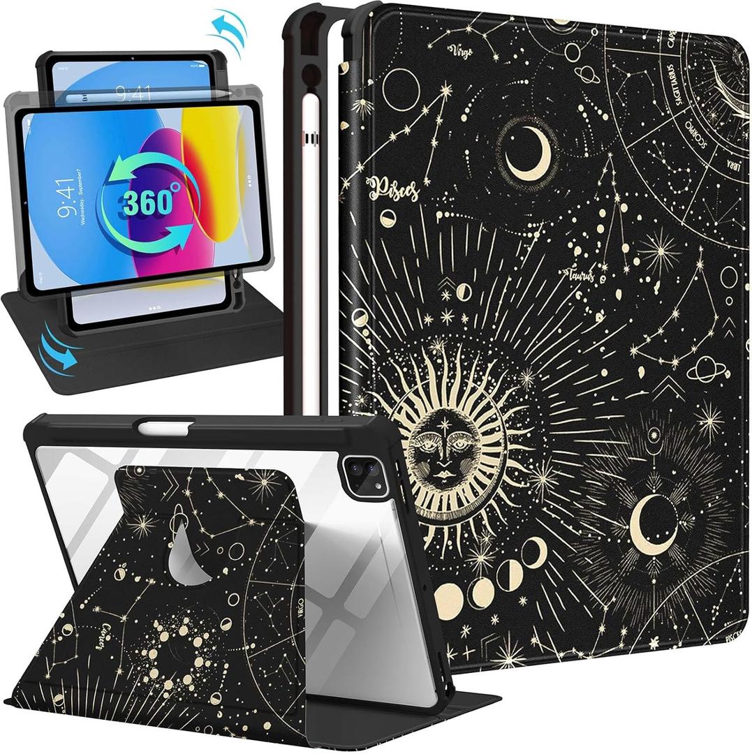 Kidcube for iPad Air 13 Inch Case M3 2025/M2 2024, for iPad Pro 12.9 Cases (2022/2021/2020/2018) - for Women Girls Cute Folio Cover with Pencil Holder Kawaii Sun Moon Stars Design Rotating Stand Teens