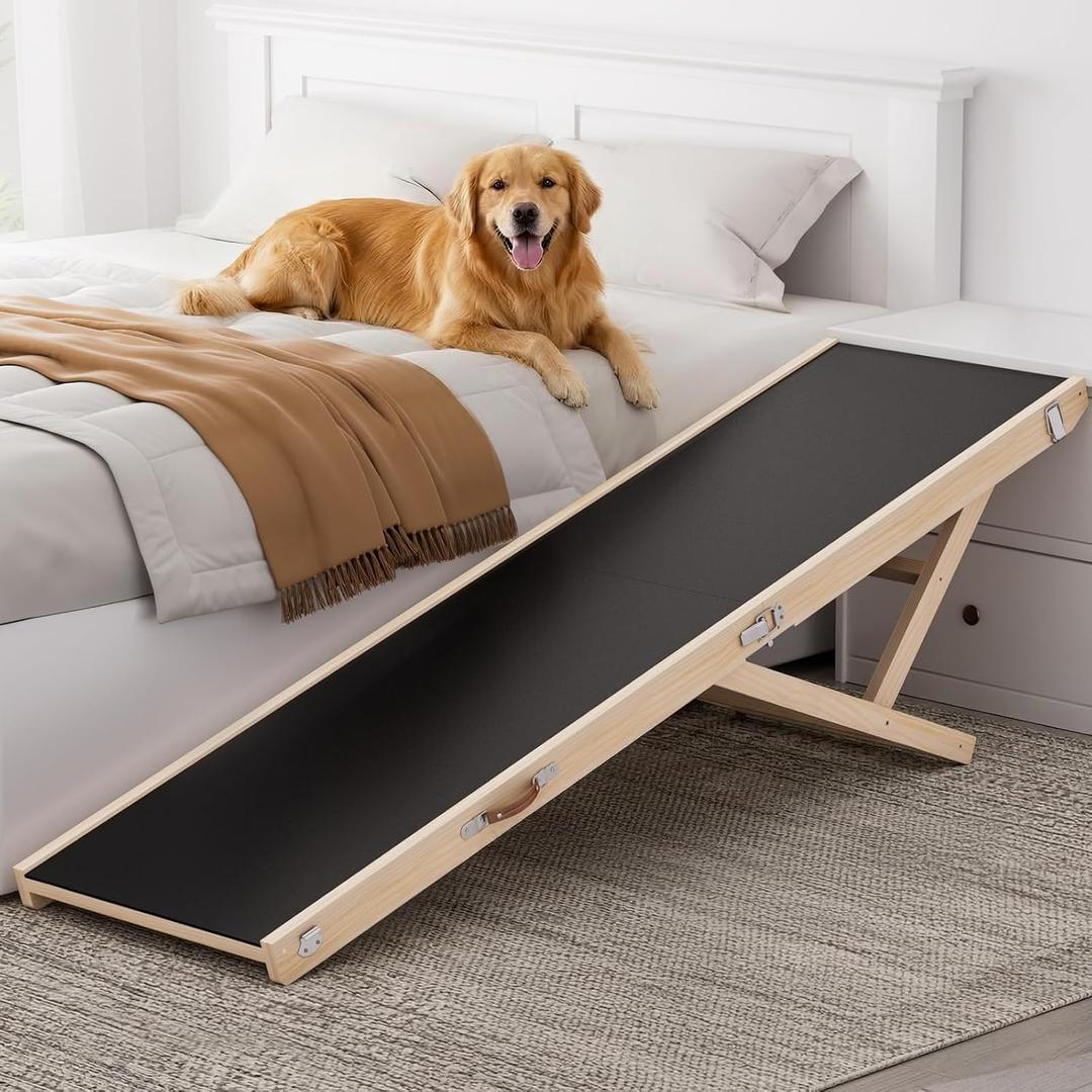 Dog Ramp for High Bed, Couch, Car, 64" Long Foldable Pet Ramp & 5 Adjustable Heights 19.7"-31.5" Wooden Dog Step with Anti-Slip Yoga Mat for Small Medium Large Older Pets, up to 200lbs