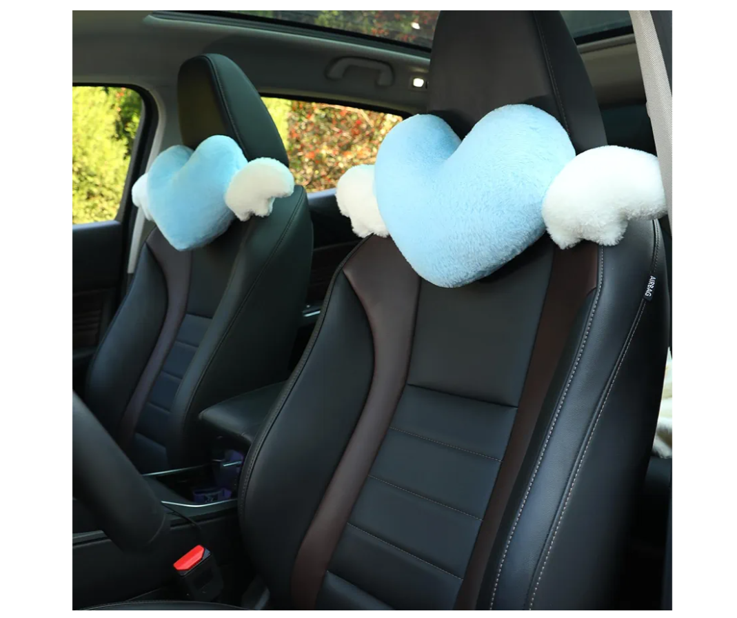 2 Pack Heart Shaped Cute Car Headrest Pillow with Angel Wings - Comfortable Soft Head Rest Cushion Kawaii Car Accessories Neck Pillow for Driving Travelling Office Home Decor - Light Blue Love Heart