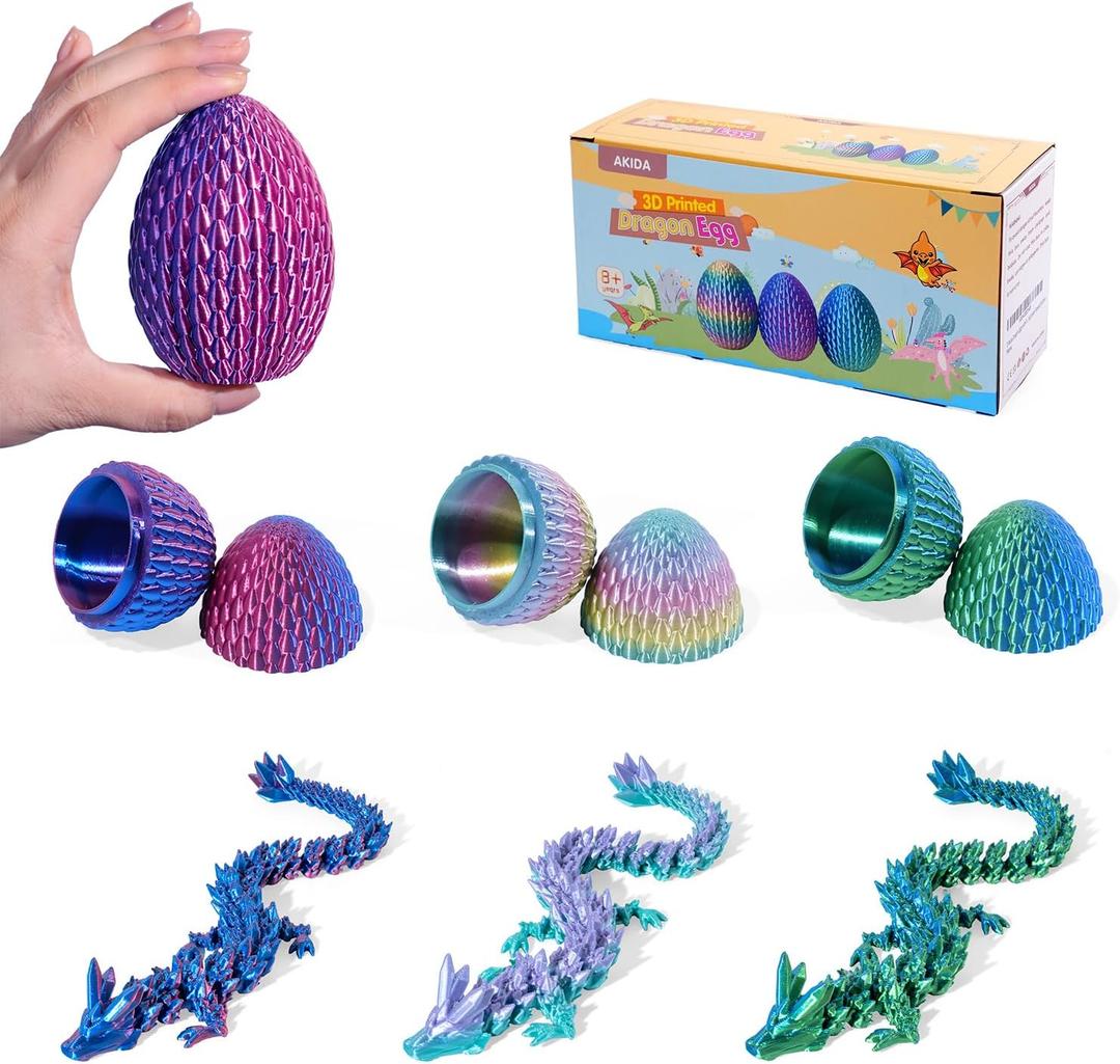 3 Pack Dragon Eggs with Dragon Inside, Dragon Egg Fidget Toy, 3D Dragon Eggs with Dragon Inside, Mystery Dragon Egg, 3D Printed Dragon Egg, Stocking Easter Basket Stuffers