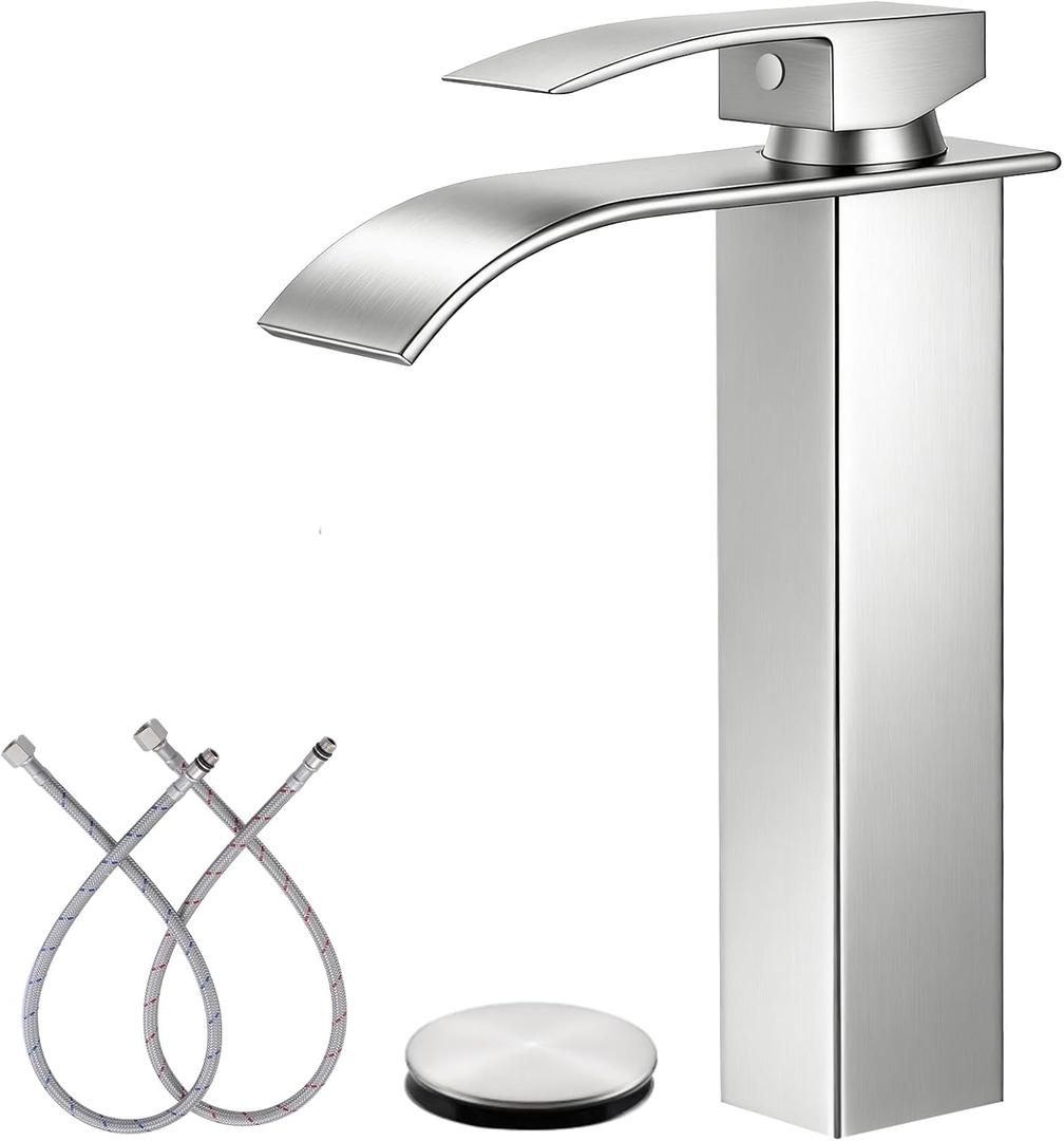 LIFG Brushed Nickel Vessel Sink Faucet, Tall Waterfall Bathroom Faucet, Single Handle One Hole Mixer Bowl Tap with Large Rectangular Spout, Bar Sink Faucet Lavatory Vanity