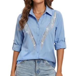 Women's Sparkly Fringe Western Shirts Rolled 3/4 Sleeve Button Down Shirts Western Tops Country Concert Cowgirl Outfit, XL