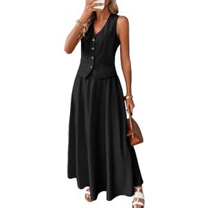 ELLEVEN Linen Sets for Women 2 Piece Skirt Outfits Summer Two Piece Vest Sets Going Out Maxi A-line Long Flowy Skirt Sleeveless Tank Top Casual Matching Dress Set Spring Vacation Black, X-Large