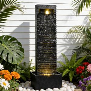 38.6" Tall Outdoor Water Fountain with LED Lights, Modern Floor-Standing Waterfall Fountain, Indoor Outdoor Resin Water Feature for Patio Porch Backyard Garden Home Decor