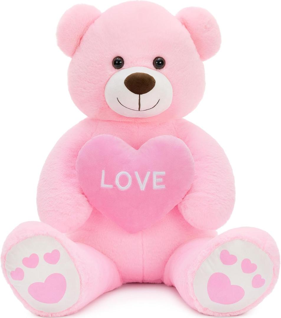 36" Big Valentines Teddy Bear Stuffed Animal, Soft Cute Large Pink Teddy Bear Plush with Red Heart, Love Stuffed Bear Plushie as for Girlfriend Wife Kids, Baby Shower Decor