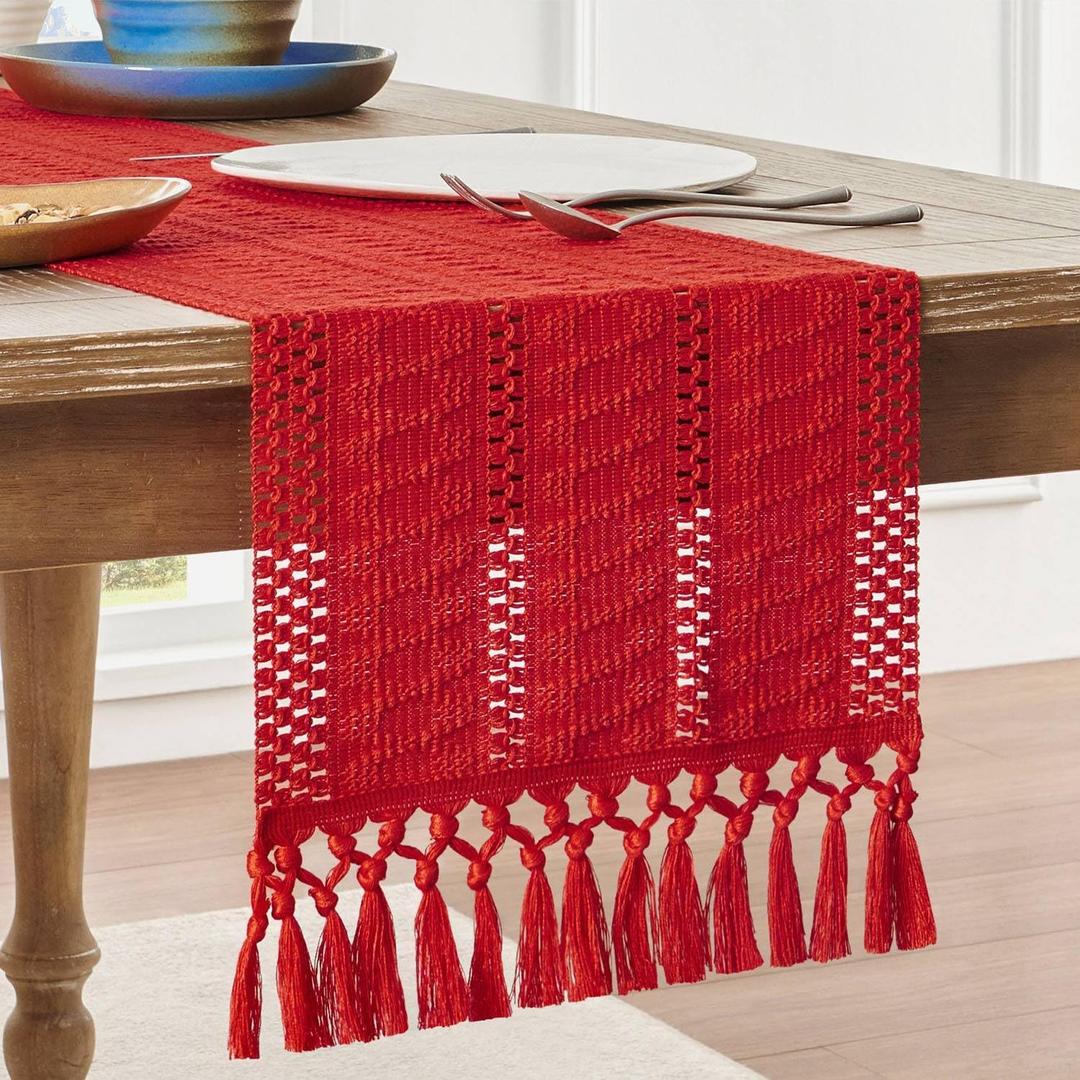 ZeeMart Macrame Style Boho Table Runner, Red Table Runners 48 Inches Long, Farmhouse Woven Home Decor, 12x48 Inch, Red