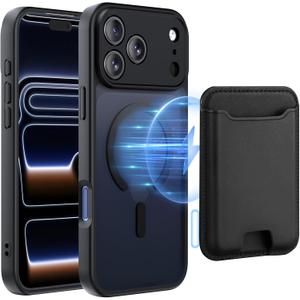 TopMade Mag-Safe Case for iPhone 17 Pro Max with Magnetic Wallet Card Holder, Mag-Safe Phone Case with Magnetic Wallet Fit 4 Cards, Translucent Matte Shockproof Cover for iPhone 17 Pro Max, Black