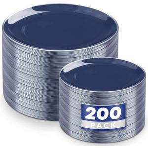 KIRE 200PCS Blue Plastic Plates with Silver Rim - Navy Blue Plastic Plates Include 100 Dinner & Dessert Plate - Heavy Duty Dark Blue Disposable Plate for Graduation/Parties/Wedding