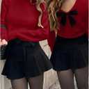 GORGLITTER Women's Striped Bow Cozy Fall Sweater Backless V Neck Cute Long Sleeve 2025 Pullover (Red, S)