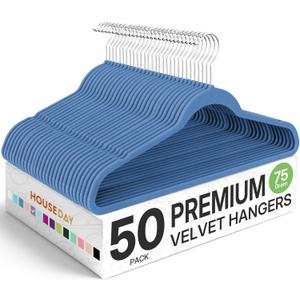 HOUSE DAY Premium Velvet Hangers 50 Pack Blue, Non-Slip Flocked Felt Hangers, Sturdy Clothes Hanger with 360 Rotatable Hook, Heavy Duty Durable Slim Coat Hanger for Closet Space Saving