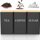 3 Pcs Coffee Tea Sugar Container Set, 1000 ML Metal Teas and Coffee Canisters Set with Bamboo Lids, Black Canisters Sets for Kitchen,Food Storage Container Jars for Kitchen Counter Storage (Black)