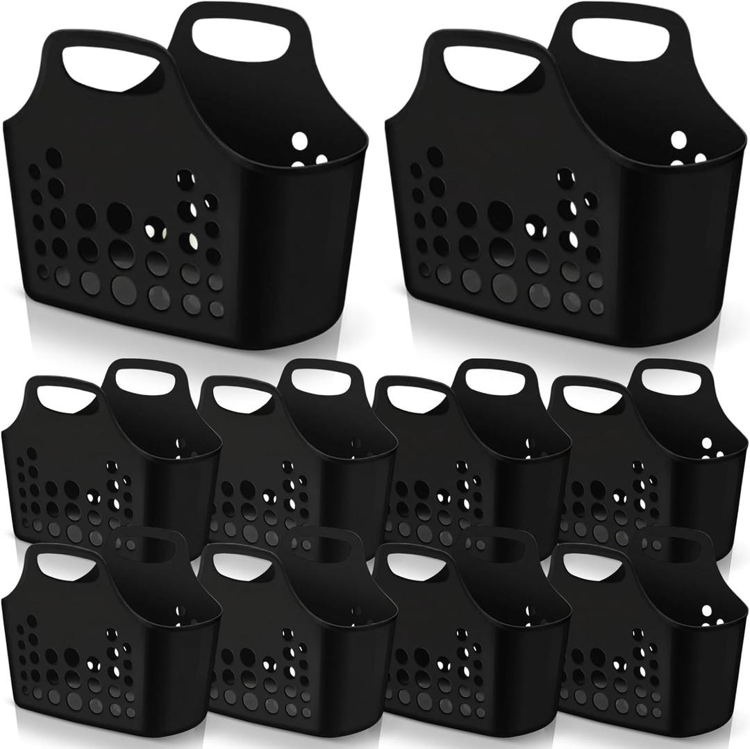 Nuogo 10 Pack Black Basket with Handles Plastic Oval Carry Totes with Handles Caddy Multipurpose Organizer Reusable for Bathroom Dorm Communal Showers Kitchen School, 10.6" x 6" x 10"