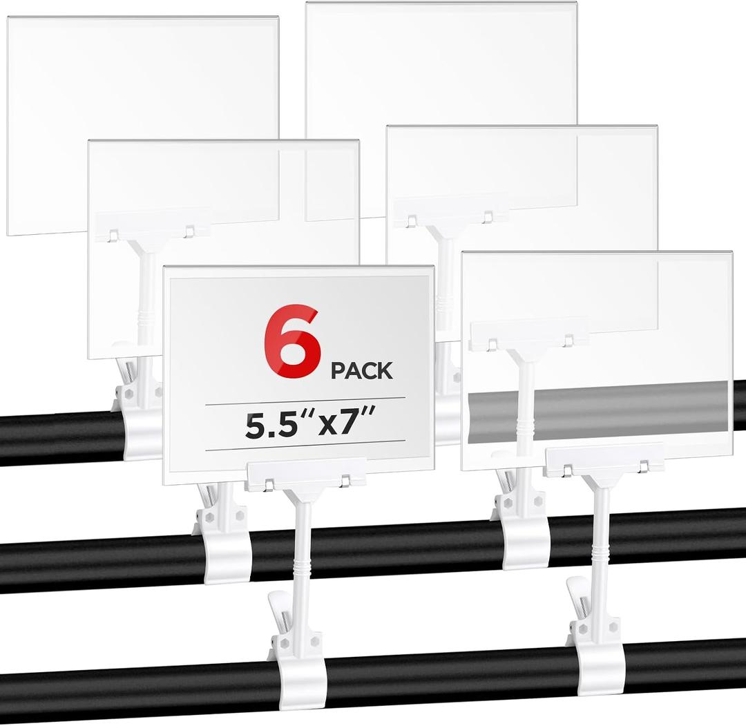 7 x 6 Pcs Acrylic Clip on Sign Holders 5.5 x 7 Inch Retail Store Sign Display Price Label Clips Plastic Double Head Swivel Signage with Card Clamp Hanging Signage for Clothing Supermarket Business