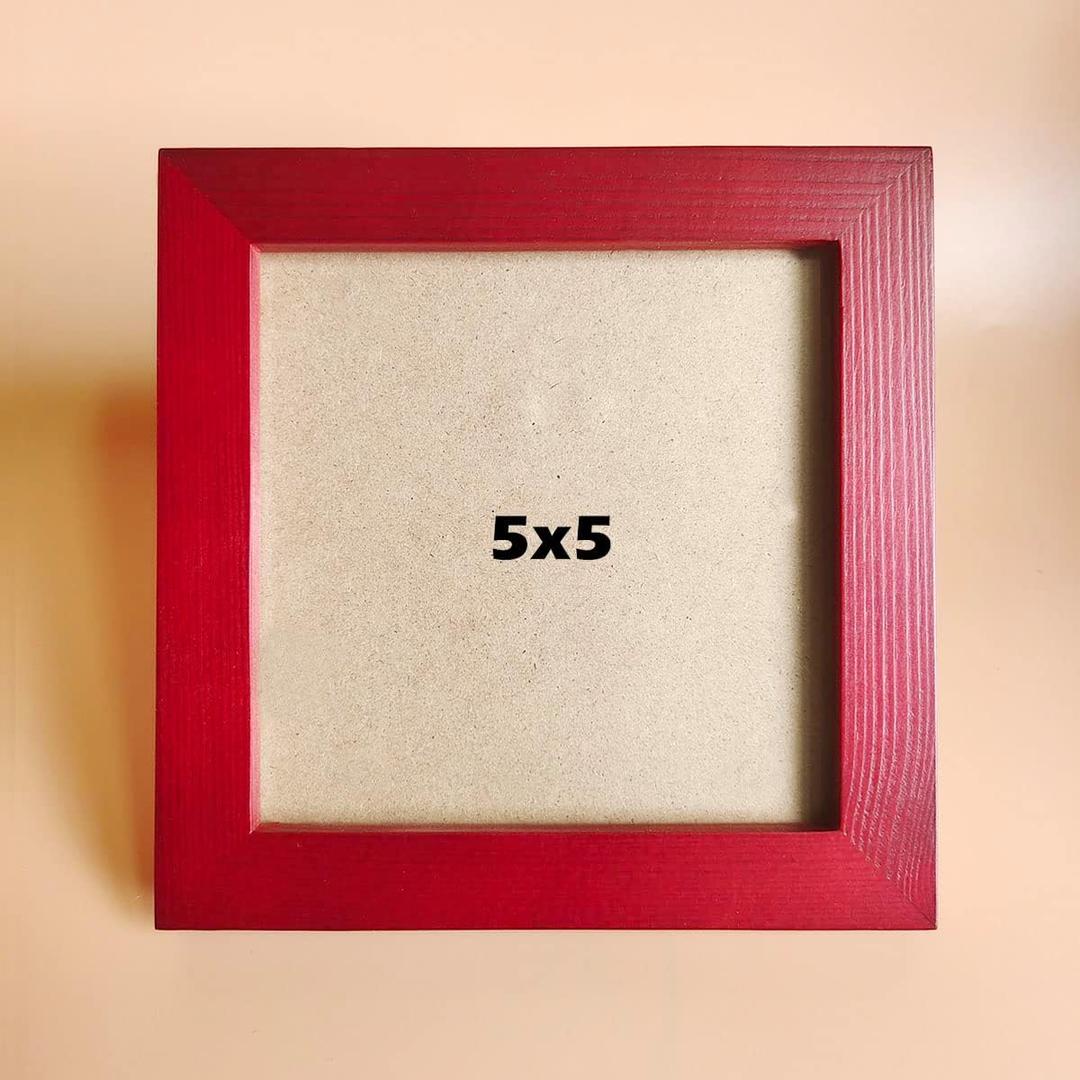 5x5 Picture Frames RED Solid Wood Frame, Plastic Panel (Film Needs to be Removed) Table or Wall.Front Window Opening 4.5x4.5 inch.