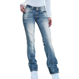 Straight Leg Jeans for Women Stretchy Mid Waist Double Button Wash Solid Skinny Jean, 26