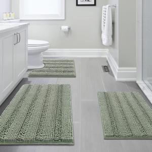 H.VERSAILTEX 3 Piece Bathroom Rugs Sets Thick Striped Bath Rugs Set for Bathroom Non Slip Soft Absorbent Bath Mat Set for Tub, Shower and Toilet(17''x24''+20''x32''+20''x24'' U-Shaped, Sage)