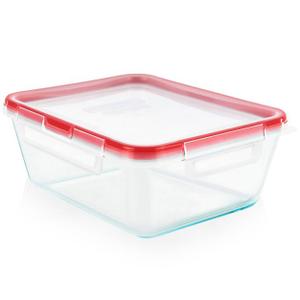 Pyrex Freshlock 8 Cup Rectangle Food Storage Container: Glass Container with Lid, Oven & Microwave Safe, Clear/Red