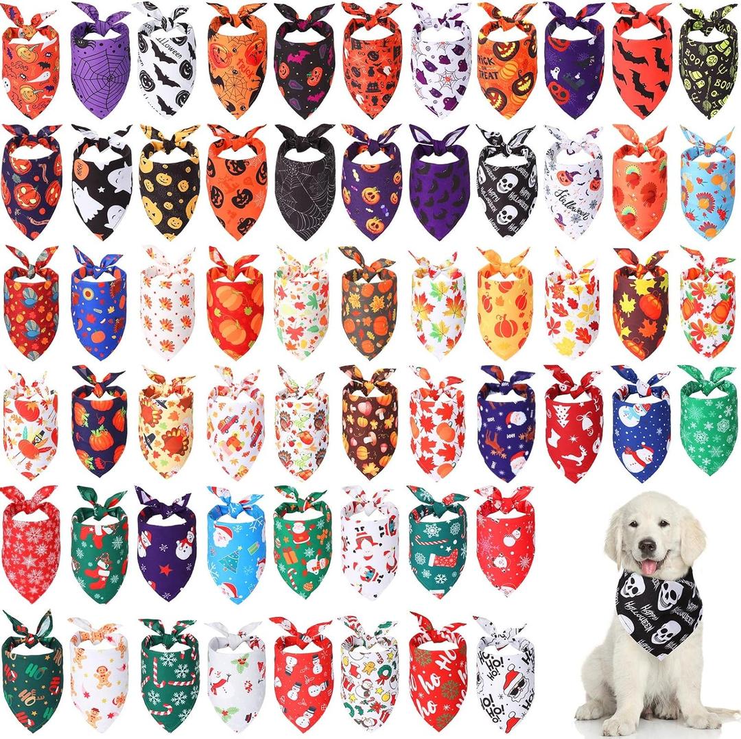 Sanwuta 60 Pieces Halloween Dog Bandanas Bulk Pet Fall Holiday Adjustable Pumpkin Ghost Dog Bandana for Bib Triangle Puppy Scarf Washable Halloween Thanksgiving for Small Medium(25.6 x 17.7)