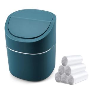 Mini Desk Trash Can with Lid with Trash Bags 180 Pcs Swing-Lid Tiny Countertop Garbage Bin Small Table Top Plastic Covered Waste Basket (Blue)